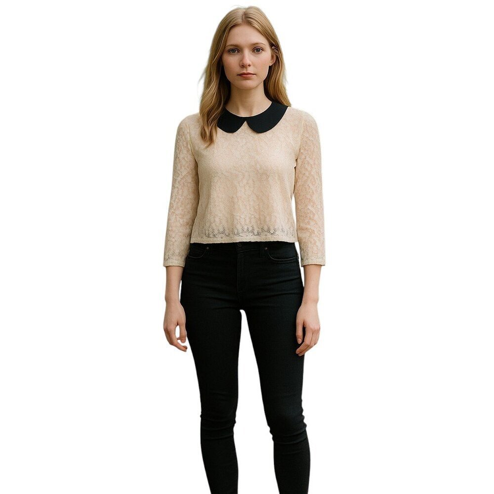 Womens Lace Peter Pan Collar Top in Cream with Black Collar